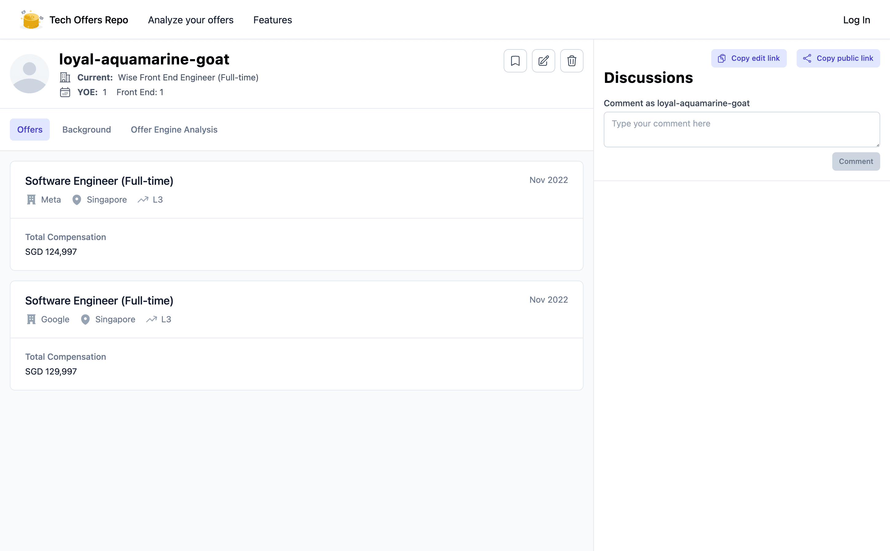 Offer profile page